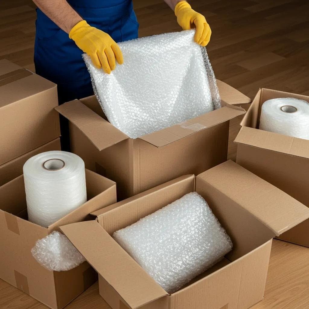 Professional mover packing fragile items with protective materials, highlighting the importance of careful handling to prevent damage