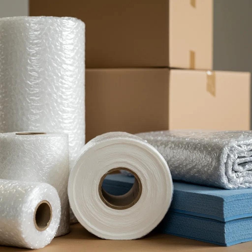 Professional packing materials such as bubble wrap and wardrobe boxes used for long distance moves