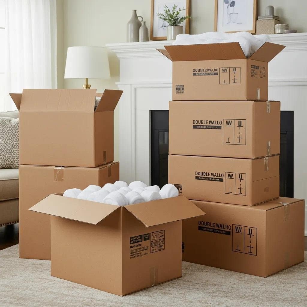 Stack of durable double-walled moving boxes showcasing strength and protective features