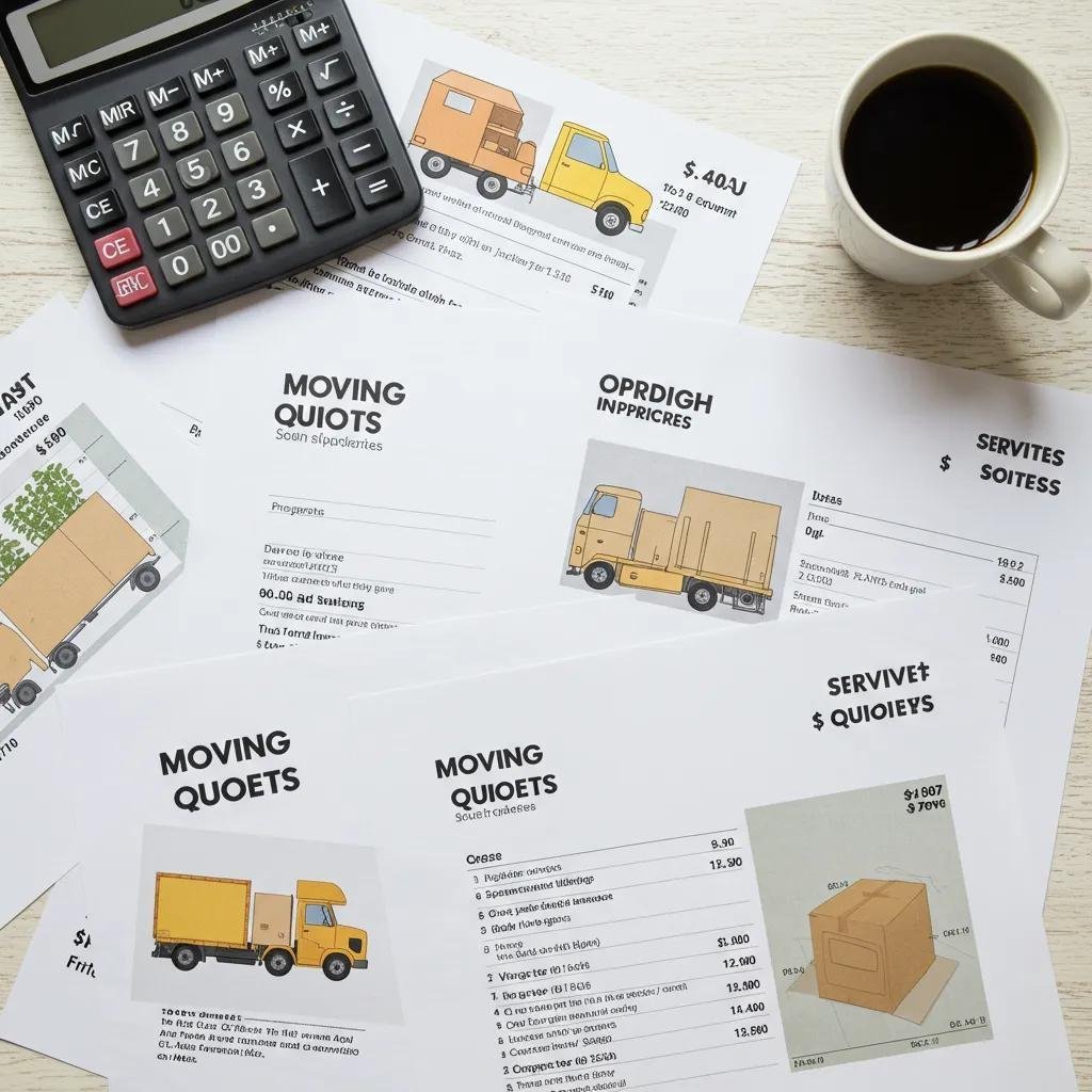 Table with moving quotes and a calculator, illustrating the process of comparing moving estimates