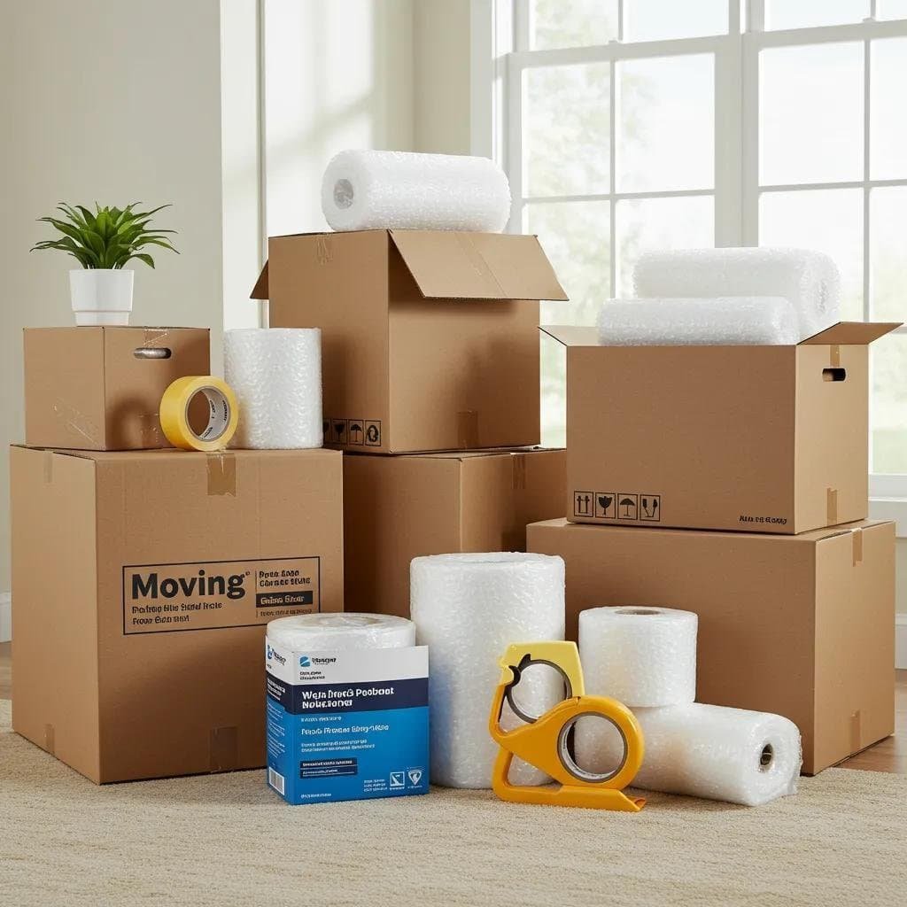 Variety of high-quality moving supplies including boxes, bubble wrap, and packing tape for long distance moves