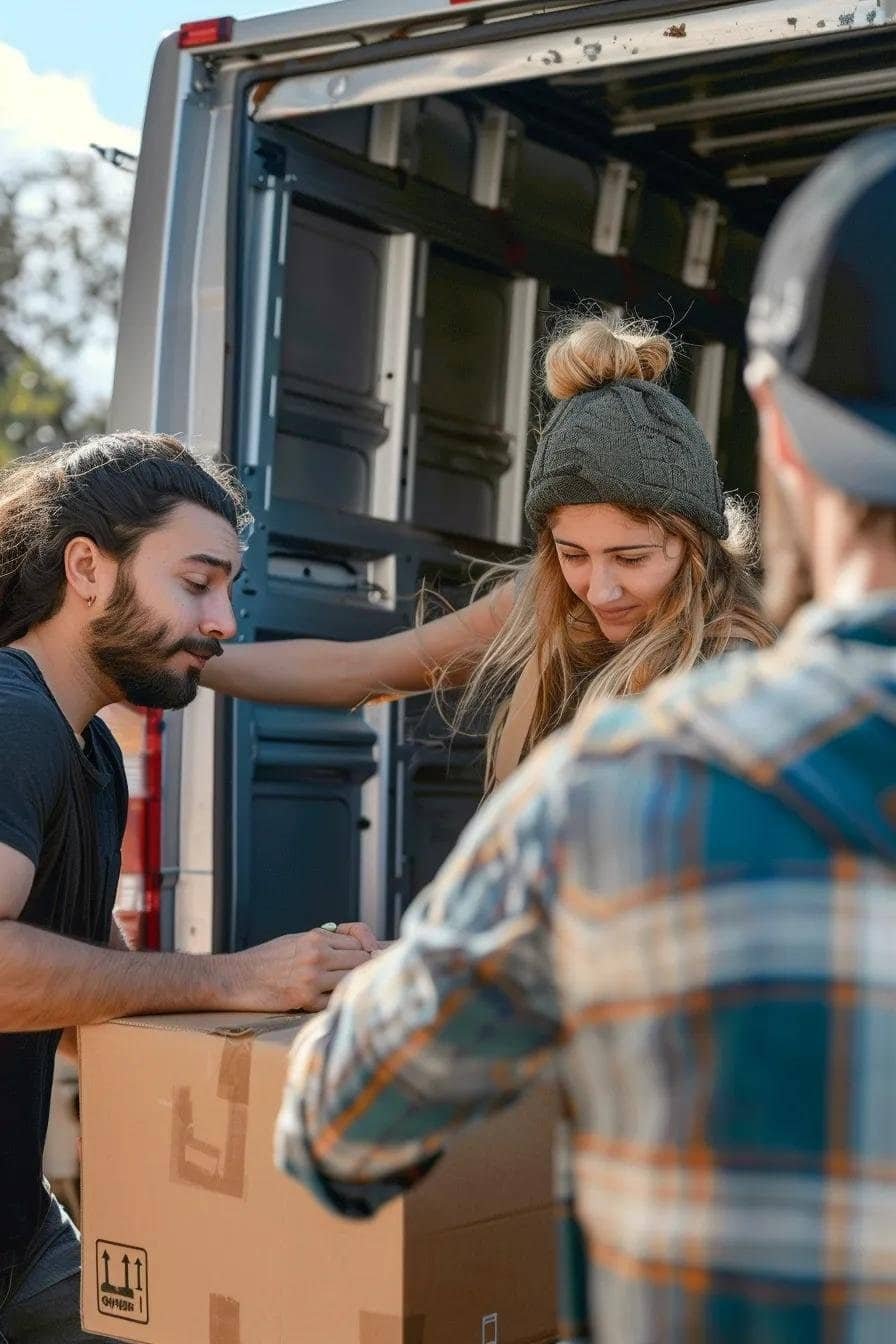 Two individuals engaged in moving activities, one signing a clipboard while the other assists with a cardboard box, with a moving van in the background, illustrating the process of professional moving services.