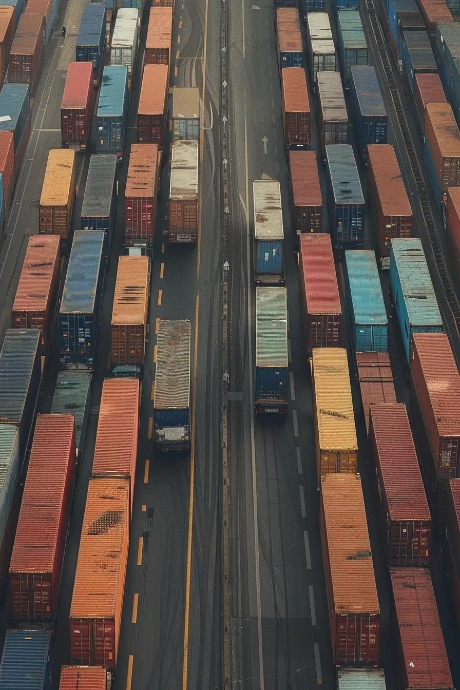 Aerial view of shipping containers lined up in a logistics yard, illustrating the scale of moving operations relevant to Smart Penny Moving's services.