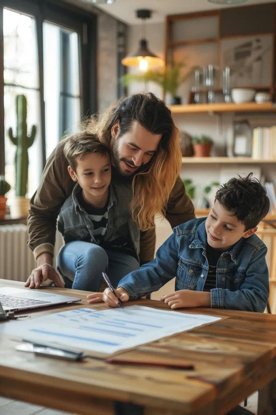 Father and two children engaged in a collaborative activity at a wooden table, with a laptop and documents, emphasizing family involvement in planning and organization.