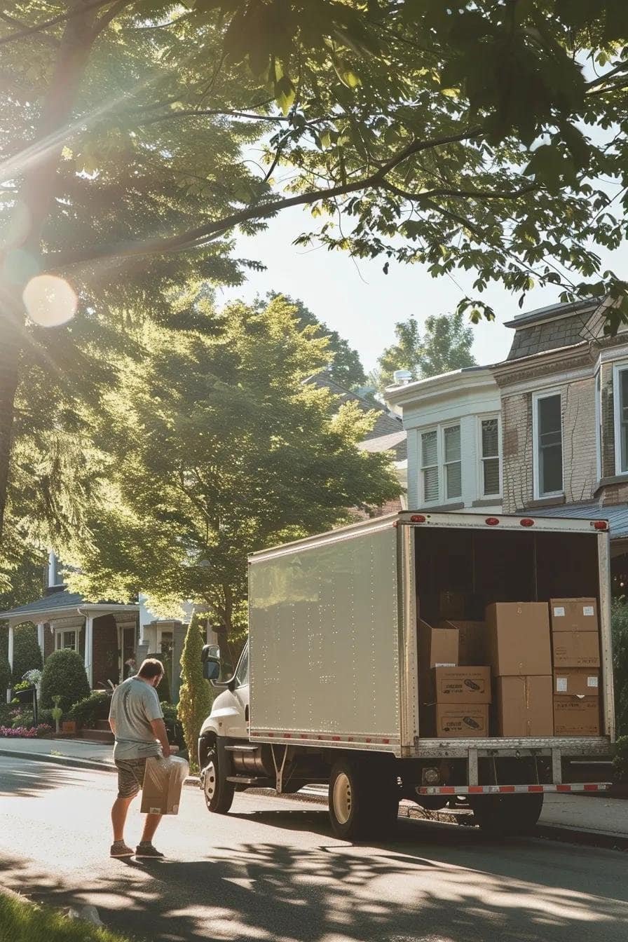 Family packing for a local move with a moving truck in a sunny neighborhood