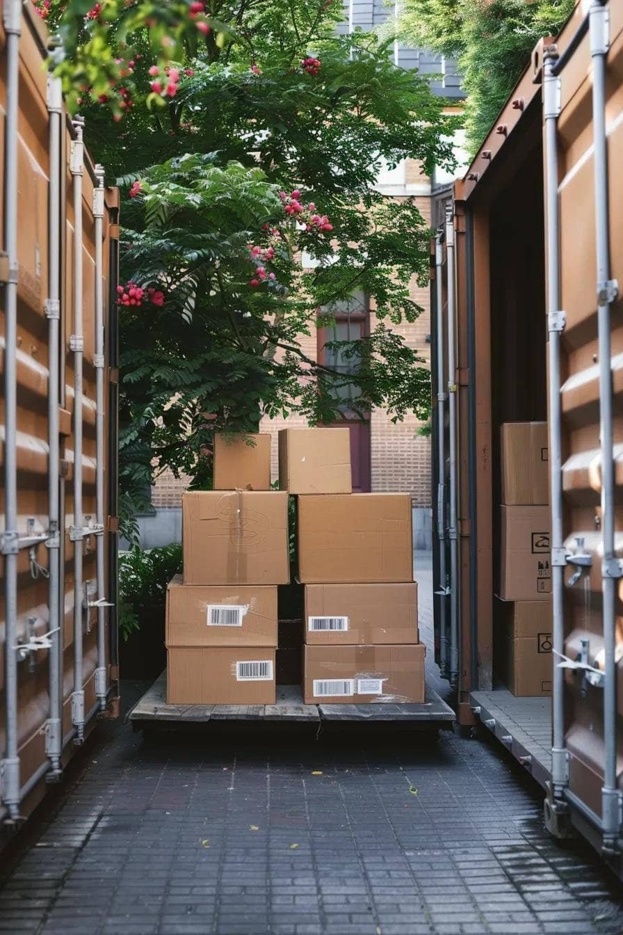 Portable storage container in a driveway with packed boxes ready for transfer