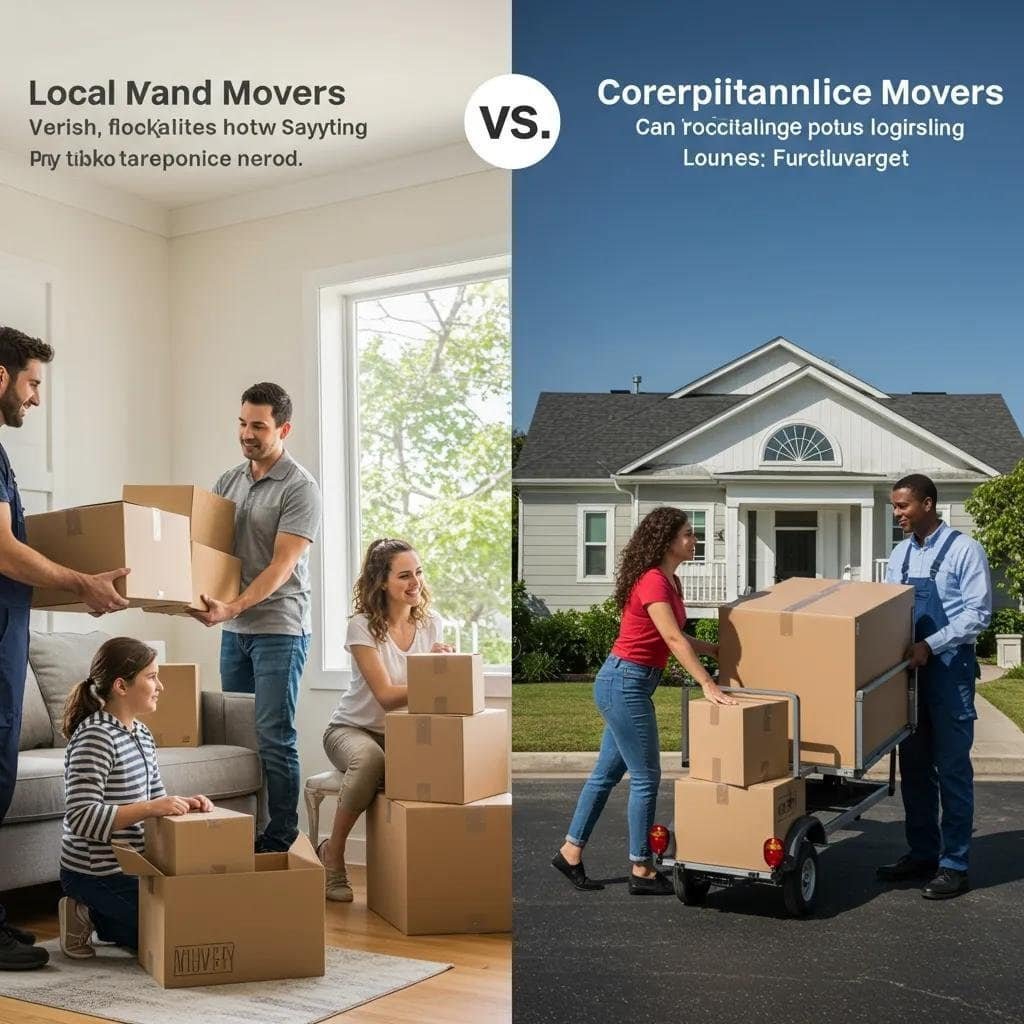Local movers assisting a family with packing in a cozy home setting, contrasted with long-distance movers loading boxes onto a cart outside a suburban house, highlighting differences in moving services.