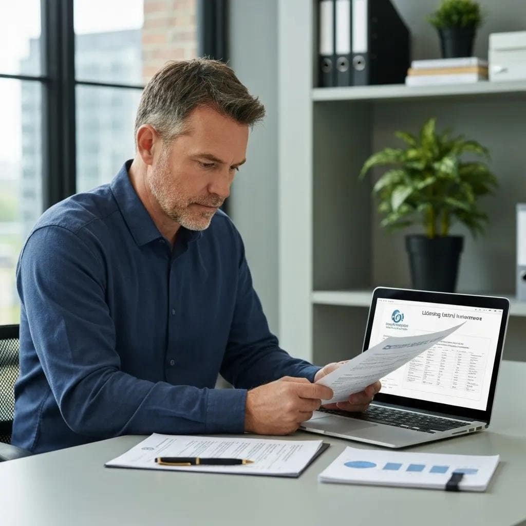 Business owner checking licensing and insurance documents for a commercial mover