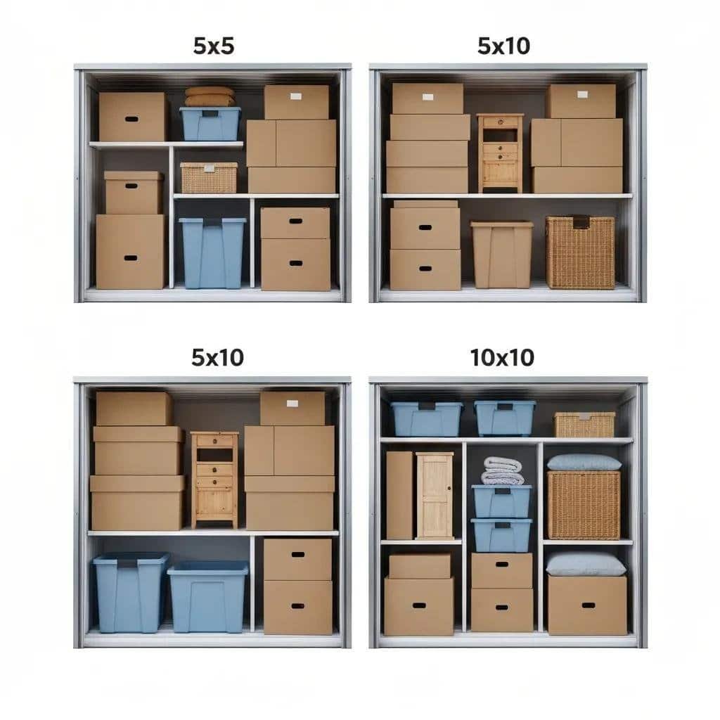 Visual comparison of storage unit sizes with sample contents