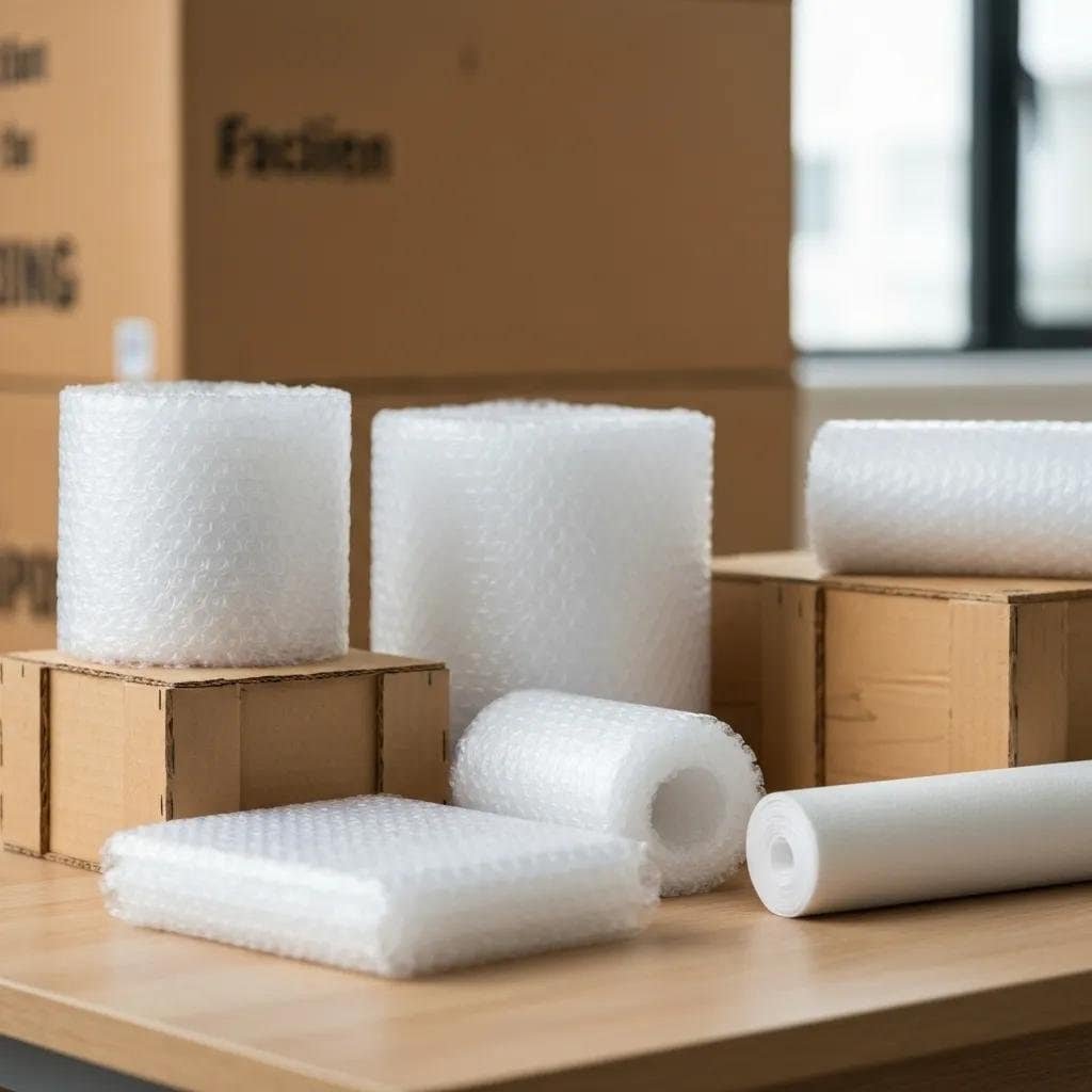 Packing supplies &mdash; bubble wrap, foam, dish packs, and custom crates &mdash; used to protect fragile items