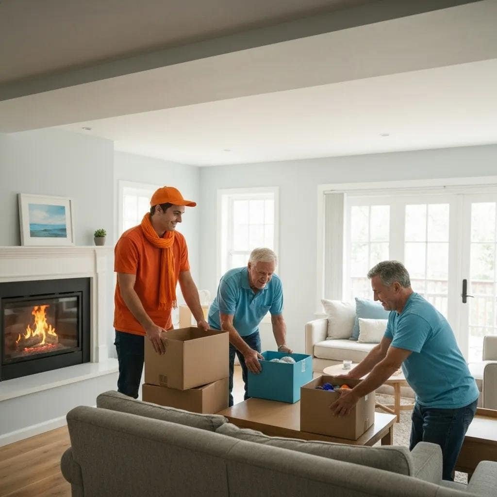 Family enjoying a positive moving experience with a moving truck and boxes