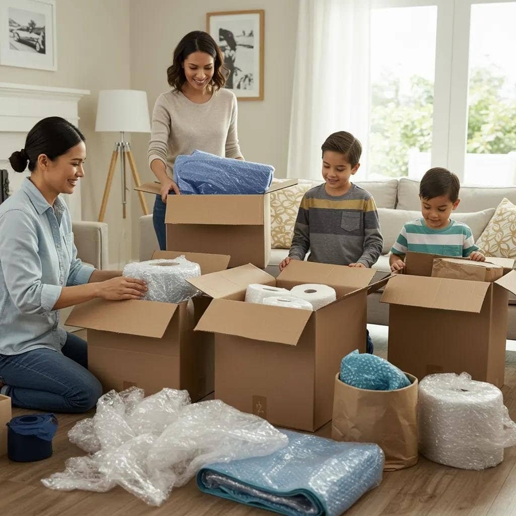 Family packing belongings for a local move with care and attention to detail