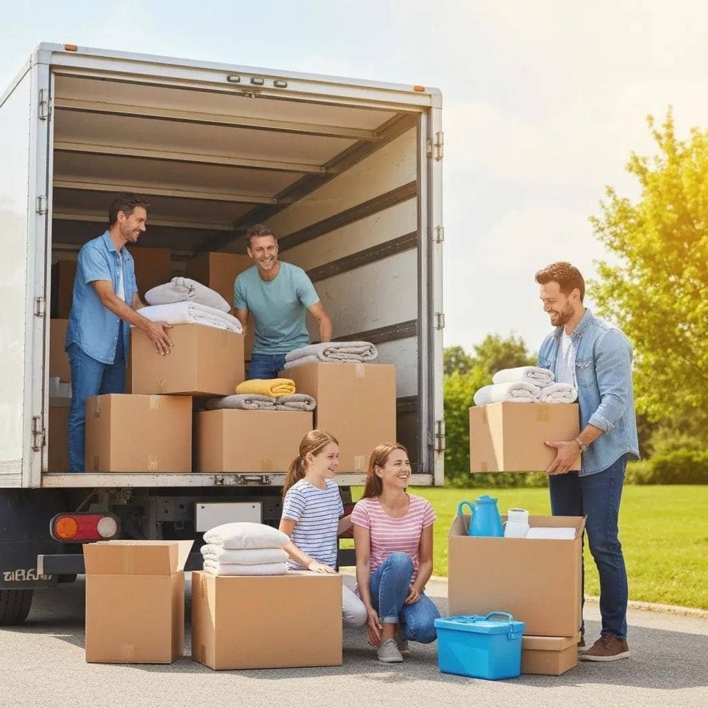Family packing belongings into a moving truck, illustrating the excitement of moving
