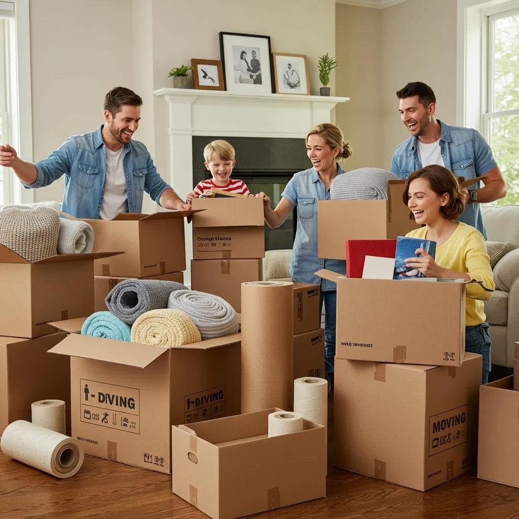 Family packing for a local move with boxes and packing materials