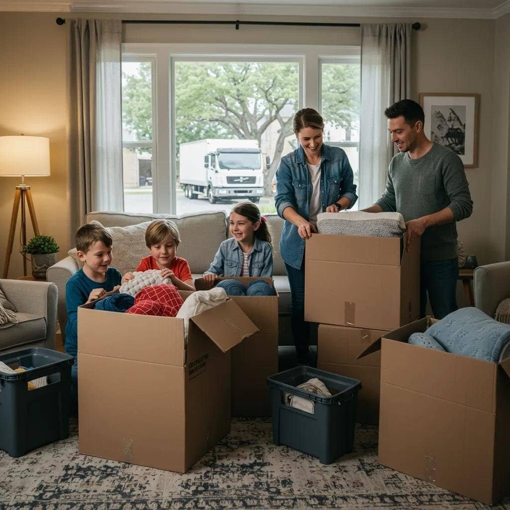 Family packing for a move, emphasizing organization and teamwork in a cozy living room