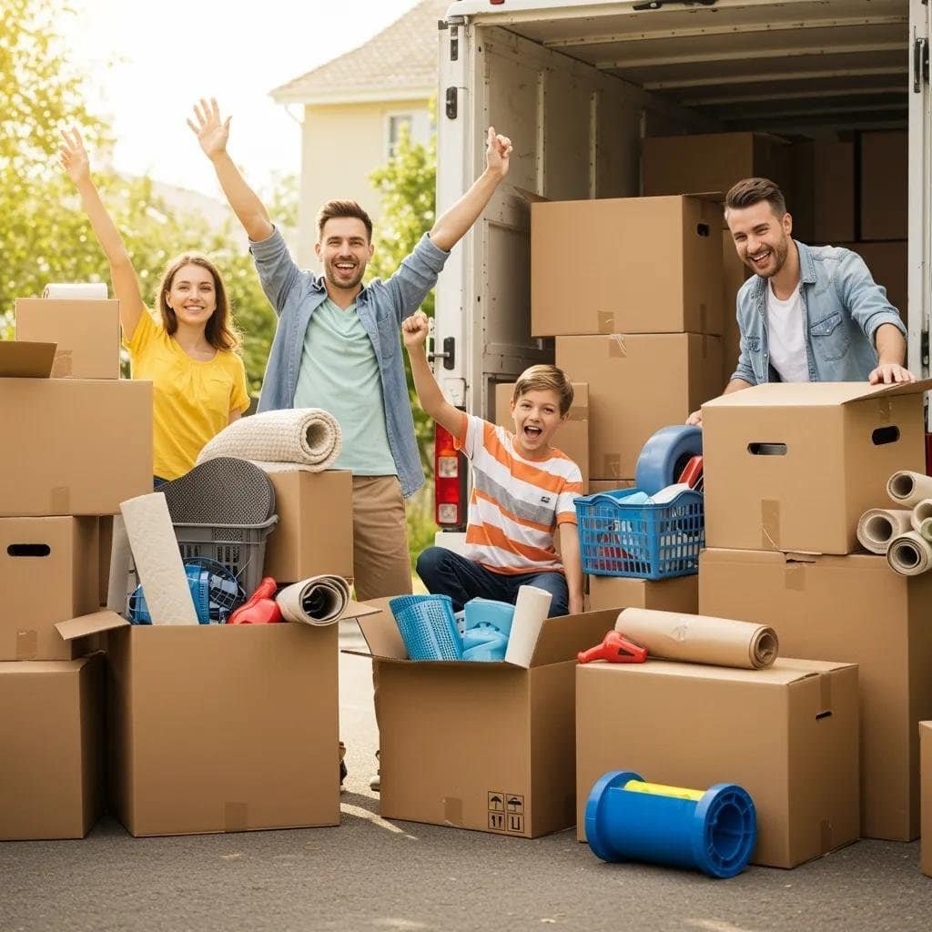 Family packing for a move with boxes and a moving truck