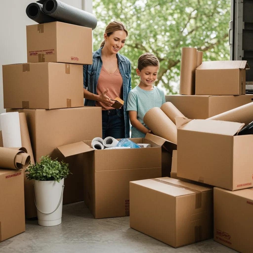 Family preparing for a local move with boxes and a moving truck