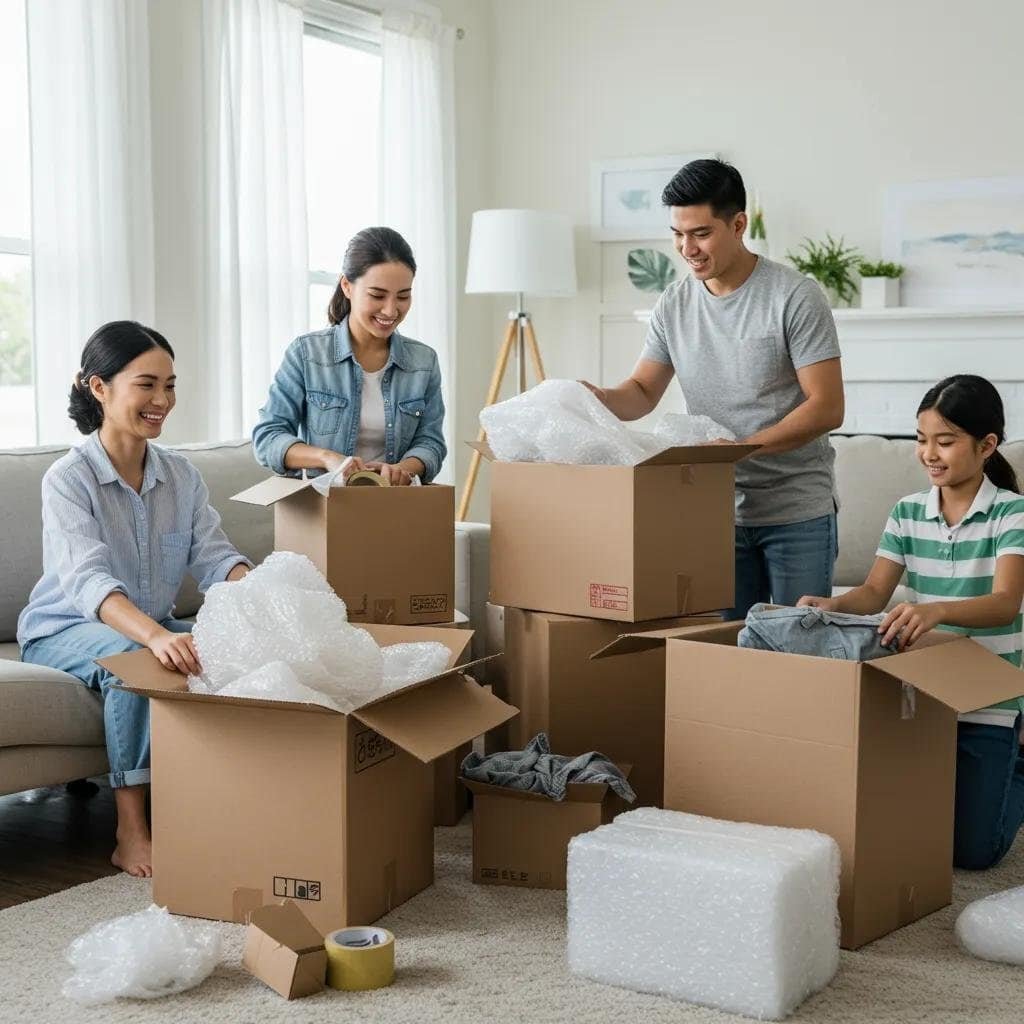 Family preparing for a move with packing boxes and materials in a bright living room