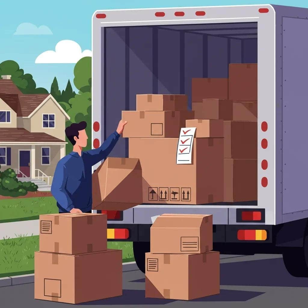 Individual loading boxes into a rental truck, representing budget moving options and DIY efforts