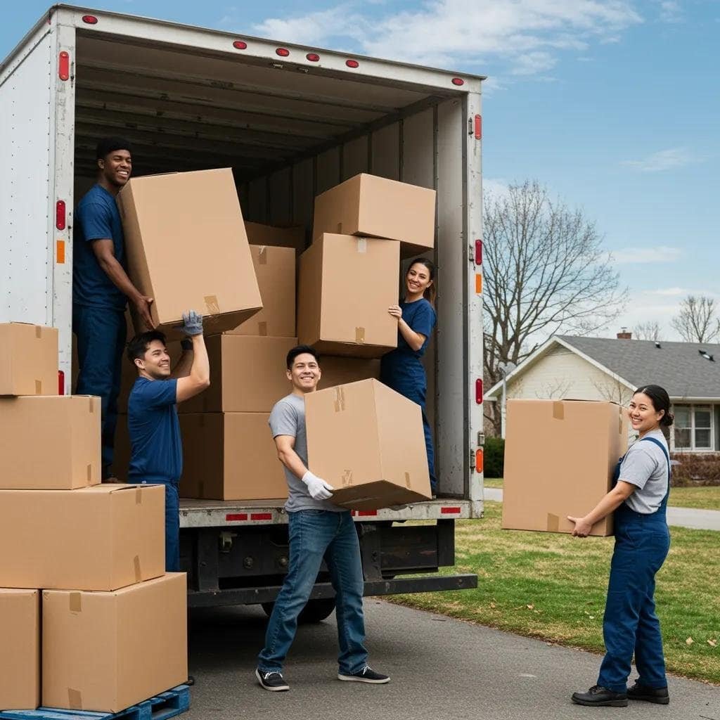 Moving team lifting boxes into a truck in a suburban neighborhood