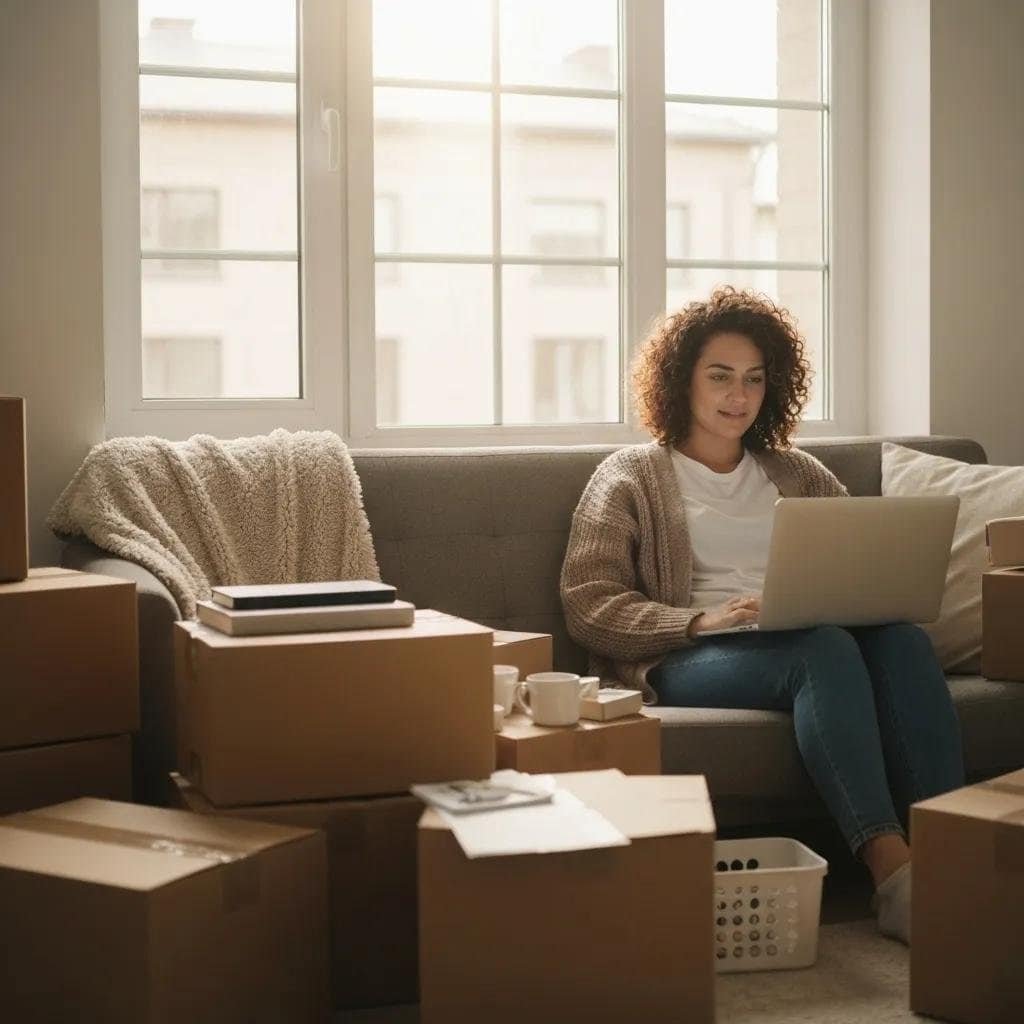 Person comparing storage options on a laptop with packing supplies nearby