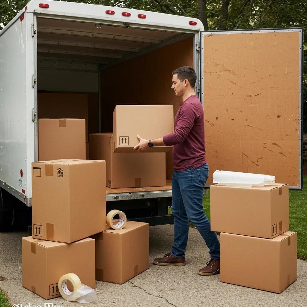 Person loading boxes into a rental truck, highlighting the DIY aspect of budget moving