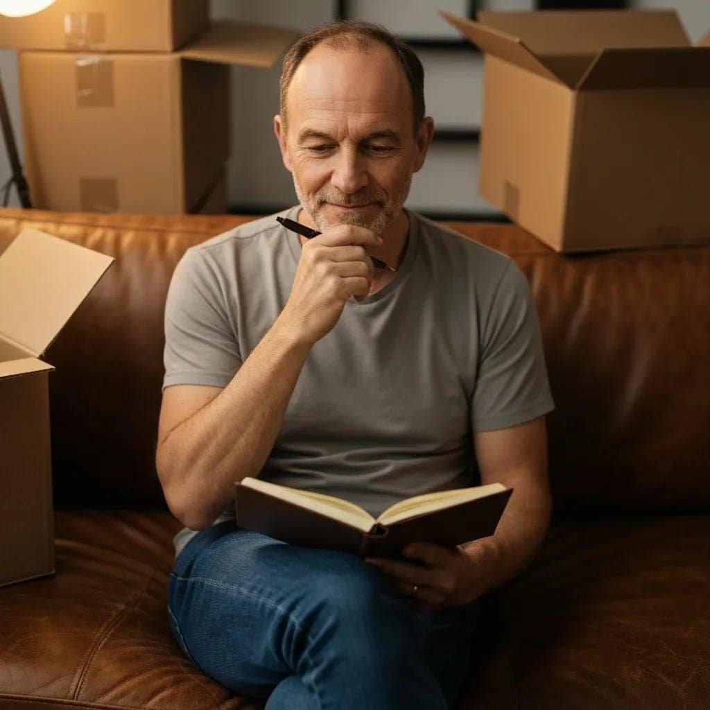 Person quietly checking in with themselves about post-move feelings