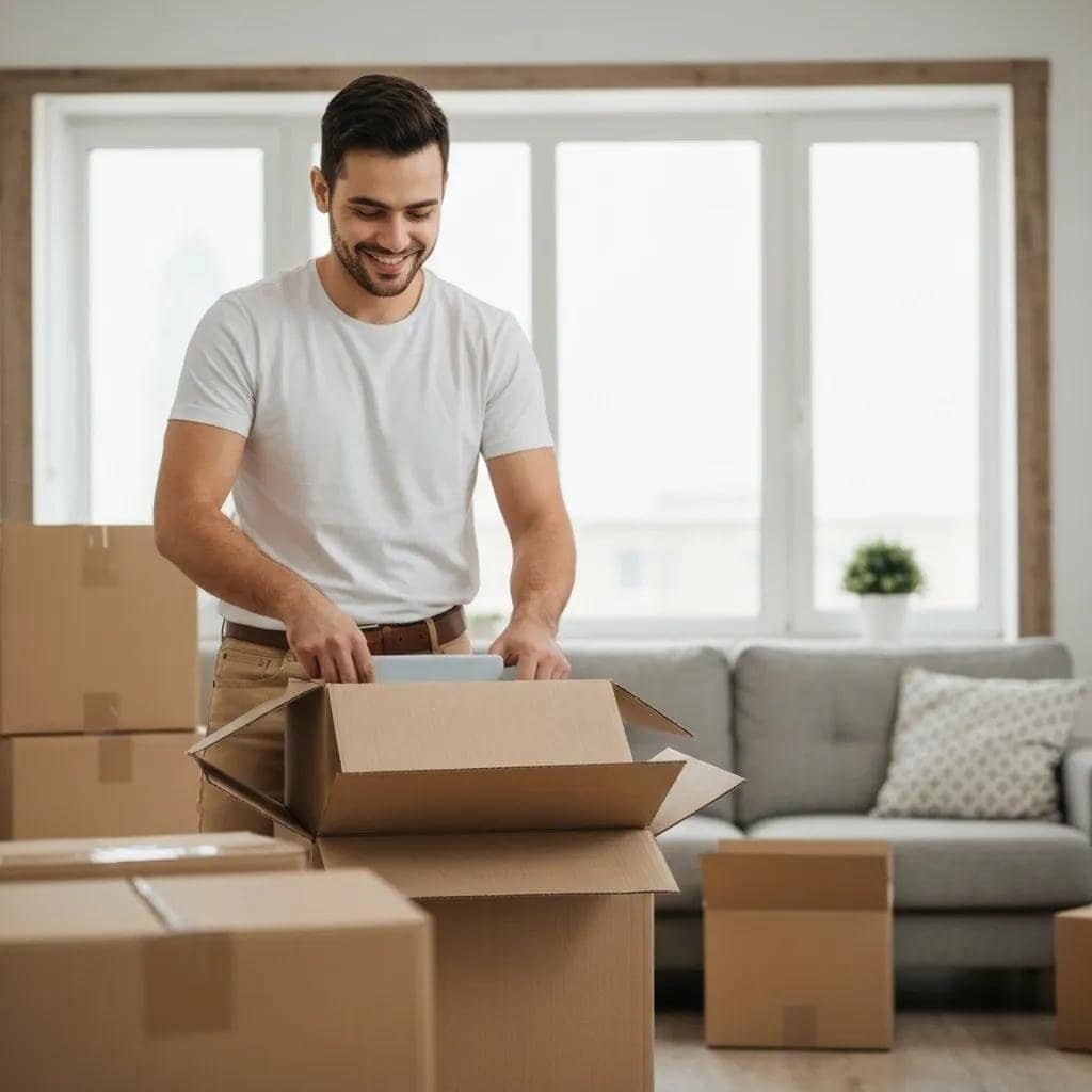 Professional mover packing delicate items in a cozy living room, showcasing expert packing services