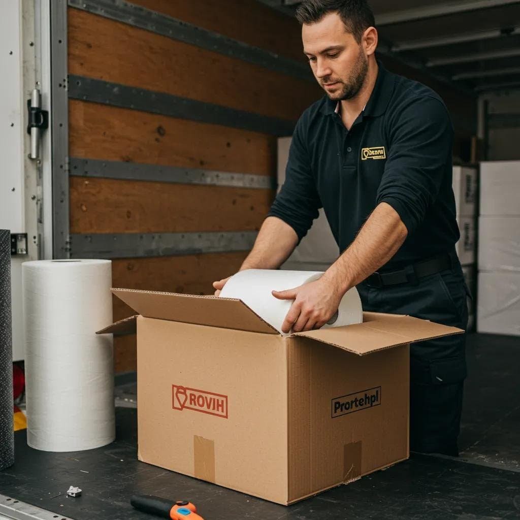 Professional mover packing fragile items securely into a box with protective materials