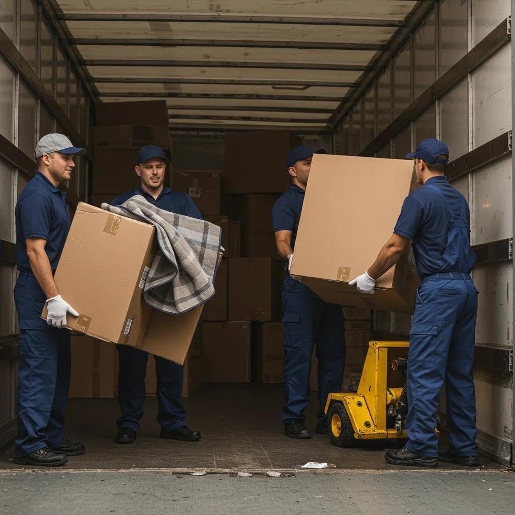 Professional movers packing and loading cardboard boxes into a truck, showcasing Smart Penny Moving's moving services and expertise.