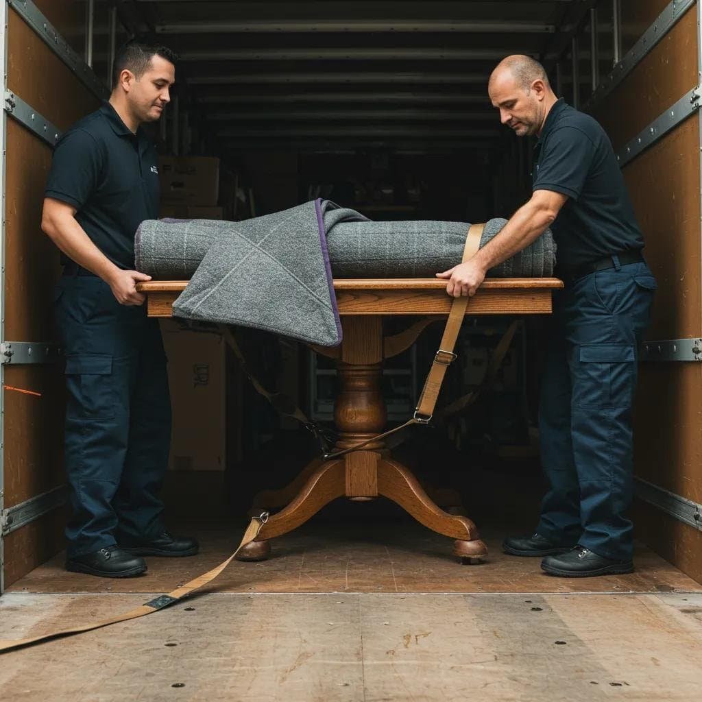 Professional movers wrapping furniture with care to prevent damage during transport