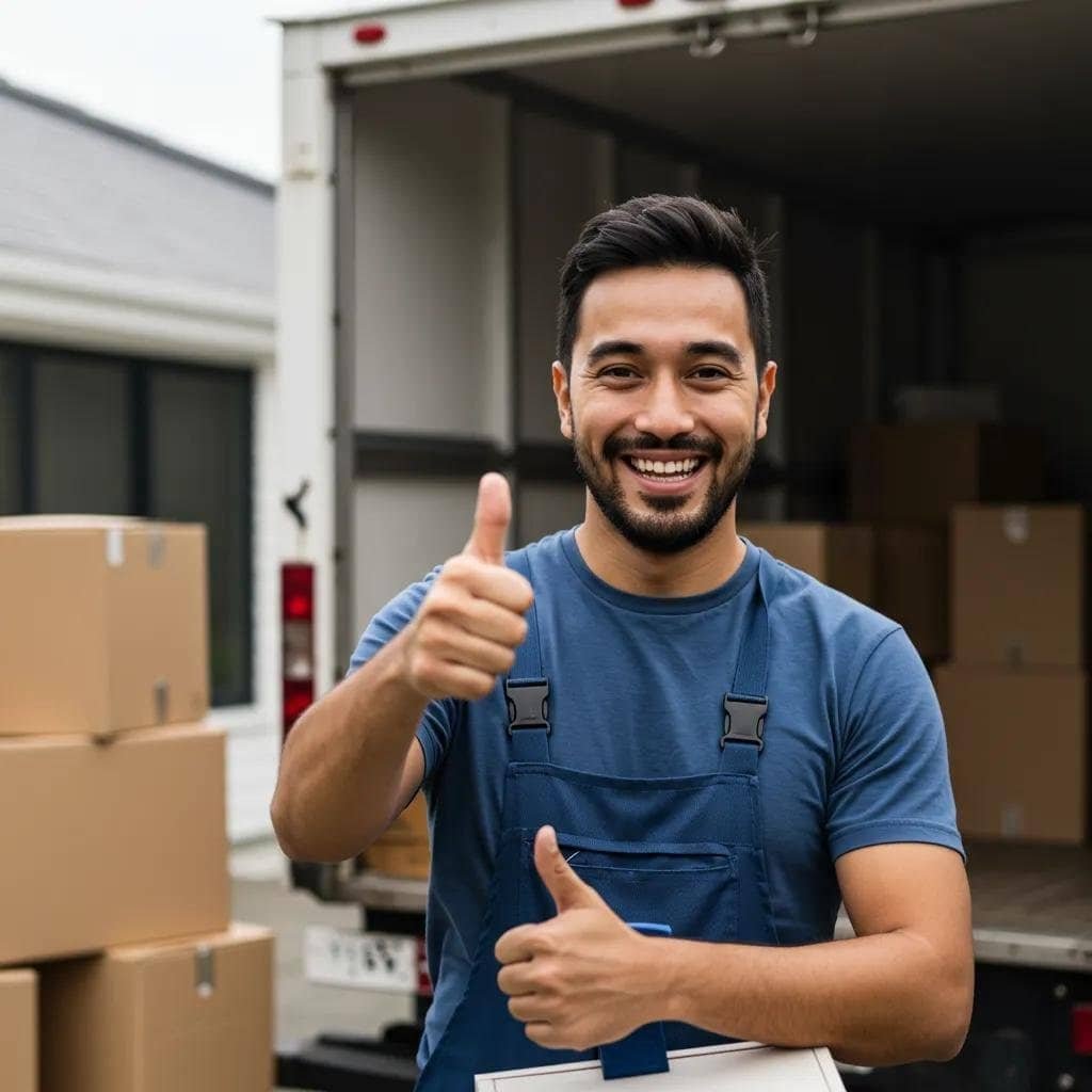 Satisfied customer with a moving truck, reflecting positive testimonials