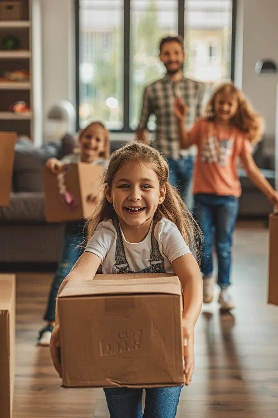 Family packing for a move, showing excitement and preparation
