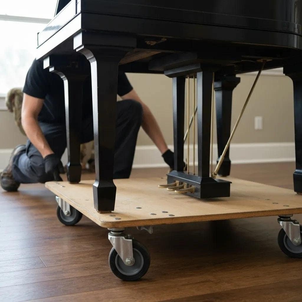 Close-up of a piano dolly being used to move a baby grand piano, highlighting specialized moving techniques for delicate and valuable items.