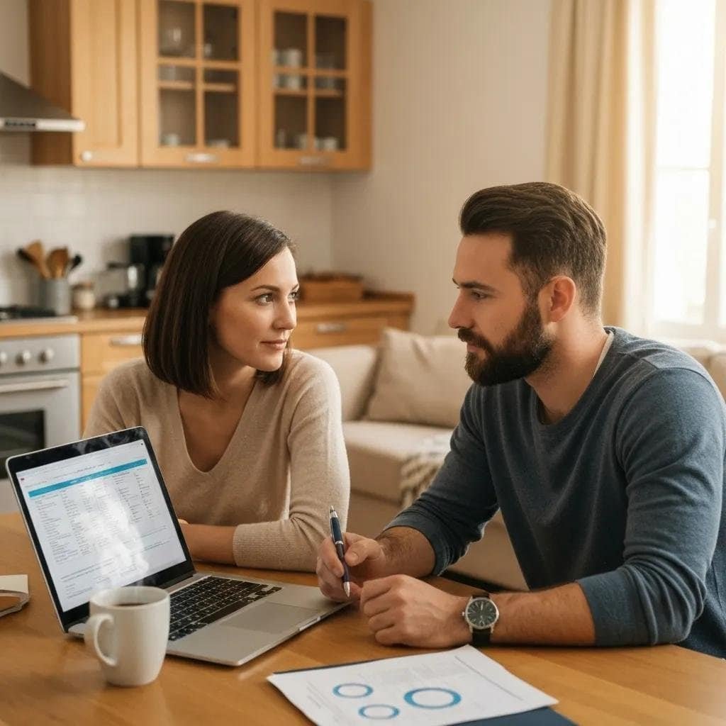 Couple discussing moving financing options at a kitchen table with a laptop and paperwork