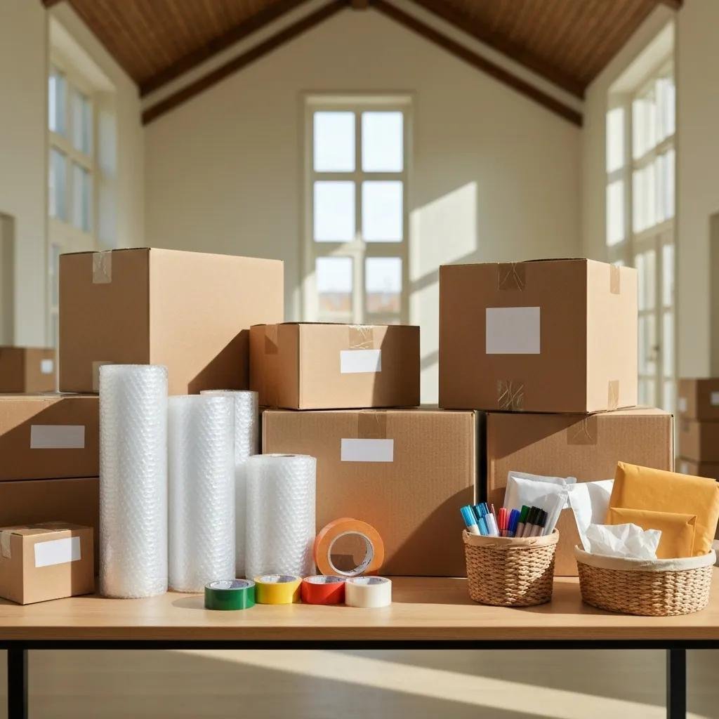 Essential packing supplies for long-distance moving, featuring cardboard boxes, bubble wrap, packing tape, and assorted stationery items on a table in a bright, spacious room.