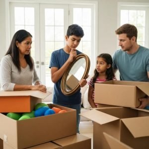 Family inspecting damaged belongings during a move, highlighting the stress of moving damage claims