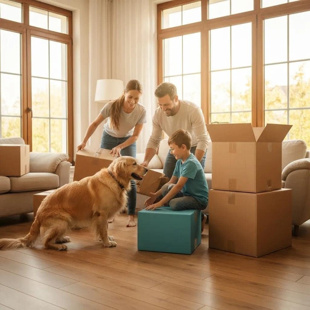 Family packing for a move in a cozy living room, emphasizing flexible moving services