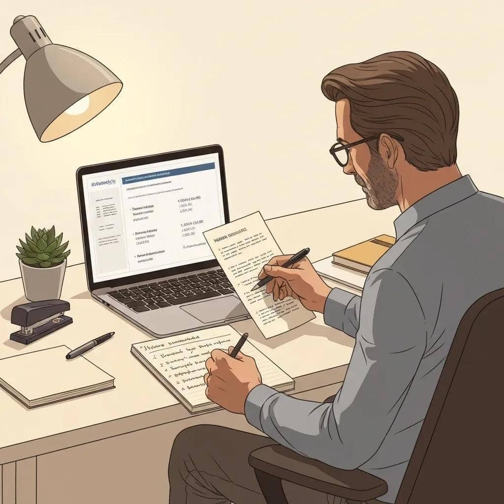 Individual reviewing moving insurance options on a laptop, emphasizing the importance of coverage during relocation, with notes and a plant on the desk.