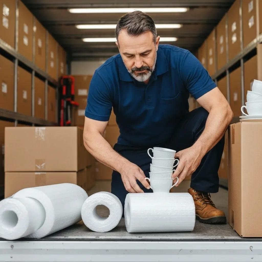 Mover packing fragile items carefully with quality materials, showing attention to detail and professionalism