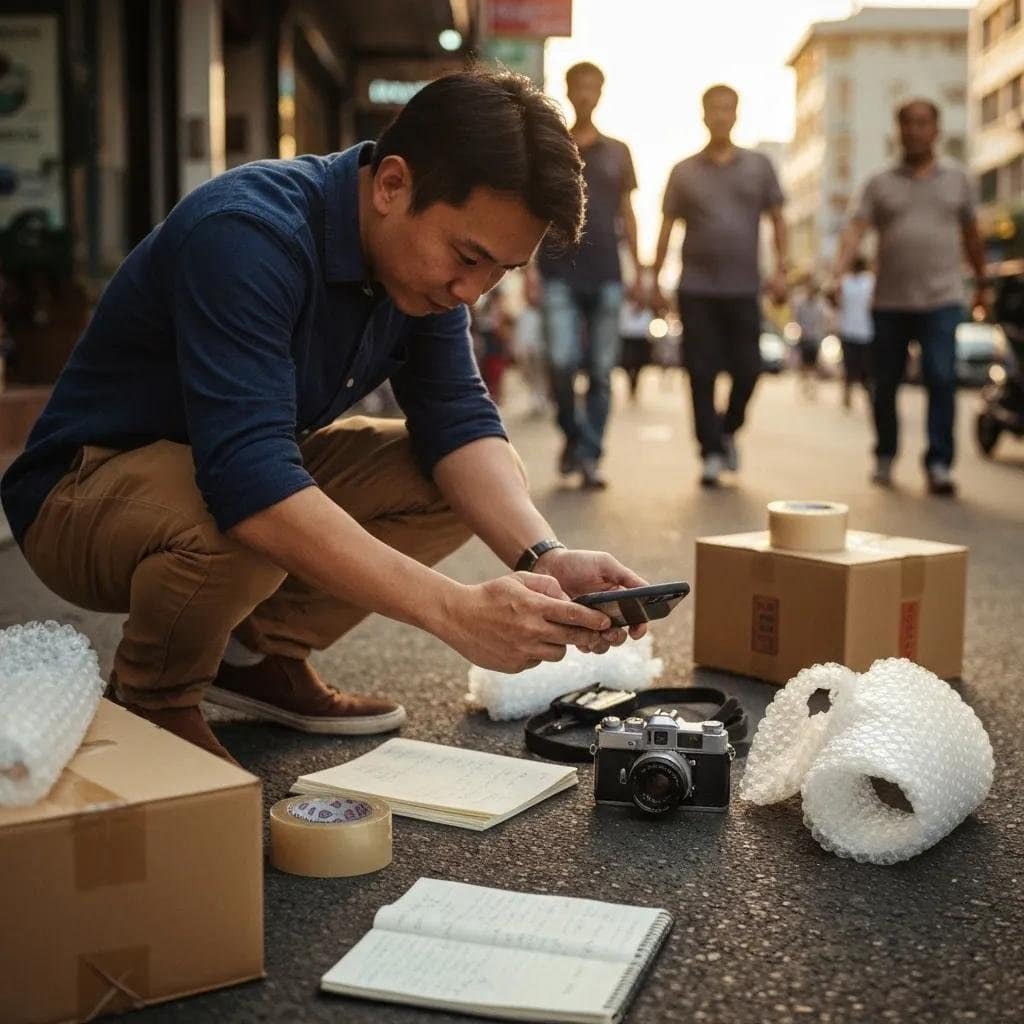 Person documenting damage to belongings during a move, emphasizing the importance of evidence collection
