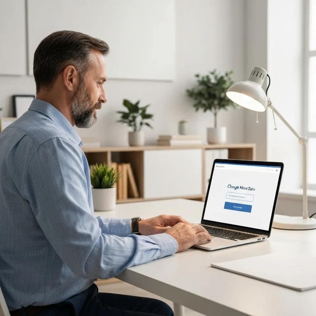 Person using a laptop to reschedule a moving date with Smart Penny Moving, showcasing online flexibility and customer support for moving services.