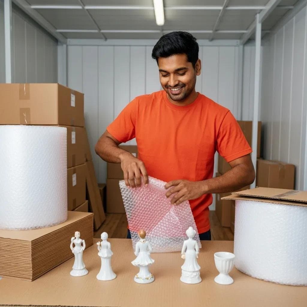 Professional mover packing fragile items with bubble wrap, emphasizing additional moving services and careful handling for Smart Penny Moving.
