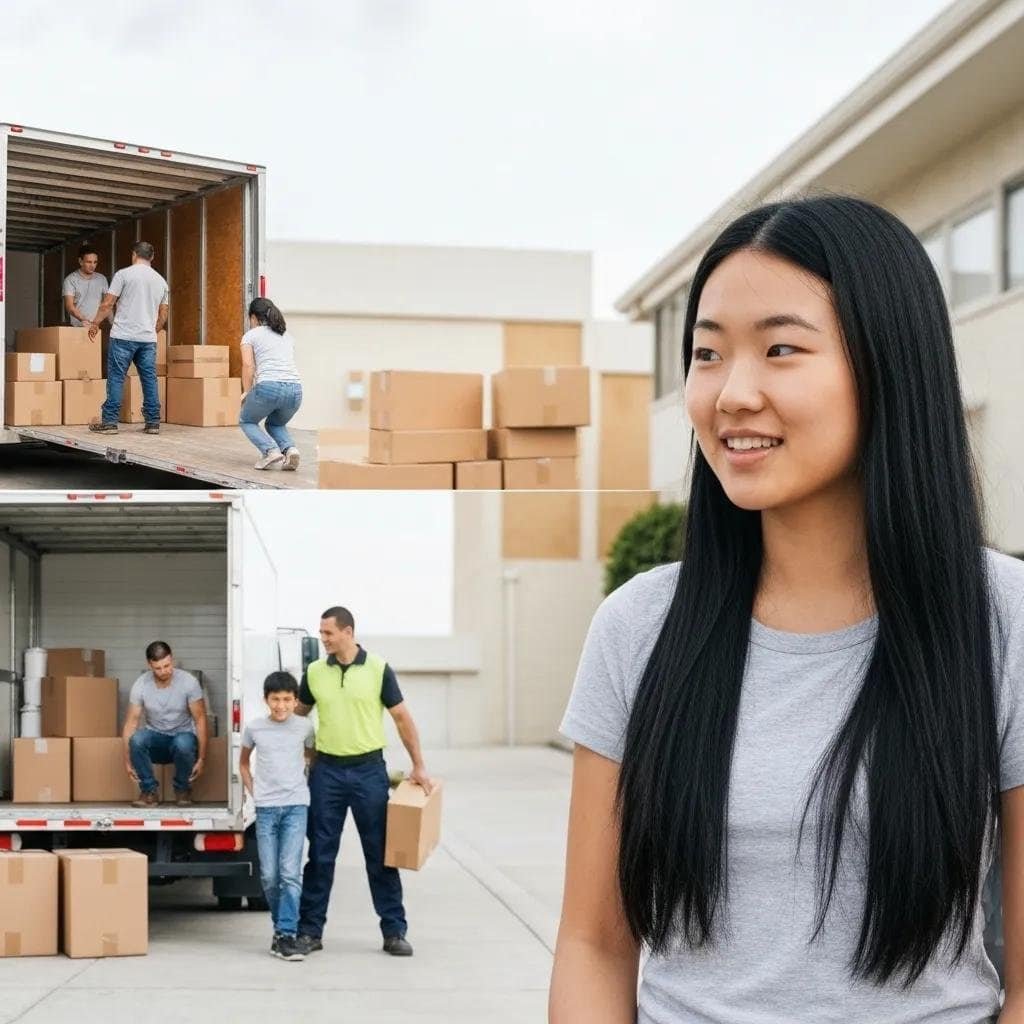 Moving crew unloading boxes from a truck, featuring a woman observing the process, illustrating professional moving services and packing assistance.