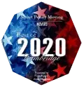 Award-winning badge for Smart Penny Moving, featuring red, white, and blue stars with the text "Best of 2020 Cambridge" and "Movers."