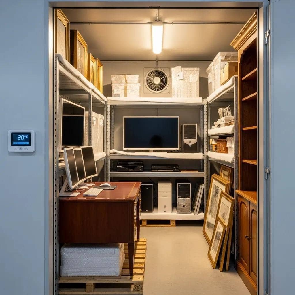 Climate-controlled storage unit with organized shelves holding electronics, framed artwork, and office furniture, maintaining a stable temperature of 20°C.