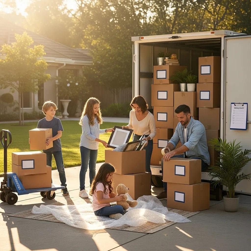 Family packing belongings into a portable storage unit during a move