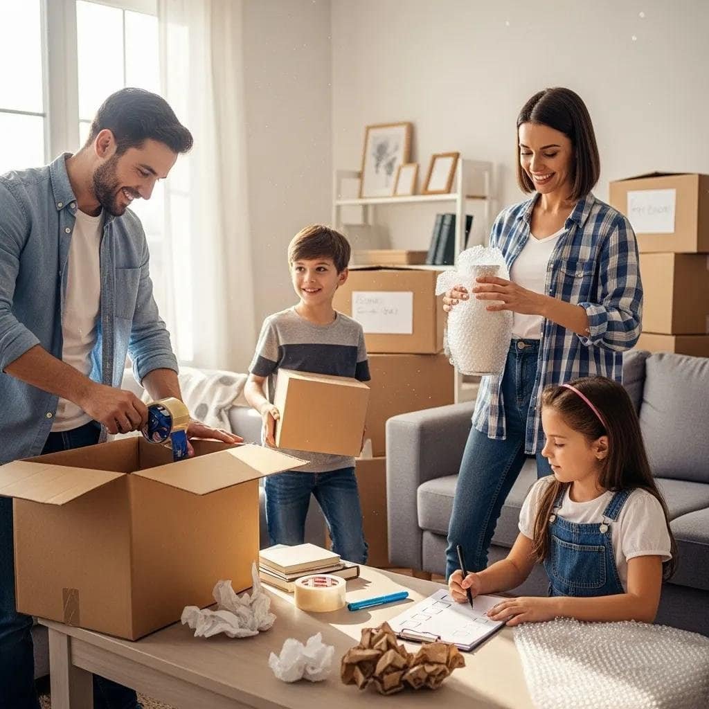 Family packing for a move with boxes and a checklist