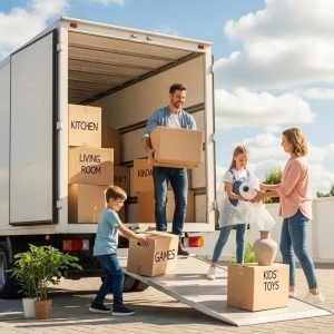 Family packing for a move with organized boxes and a moving truck