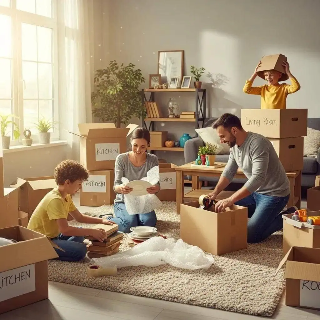 Family preparing for a move with boxes and packing materials, illustrating a positive moving experience